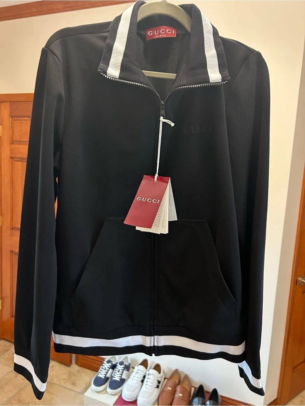 Men's Gucci jersey technical, zip up jacket, web, trim, size medium made Italy